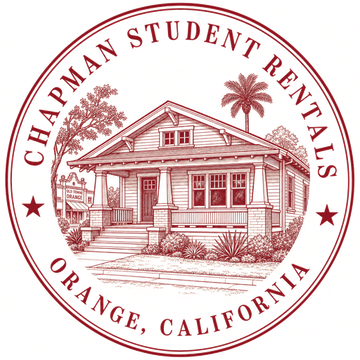 Chapman Student Rentals badge: an engraved craftsman bungalow inside a ruled circle