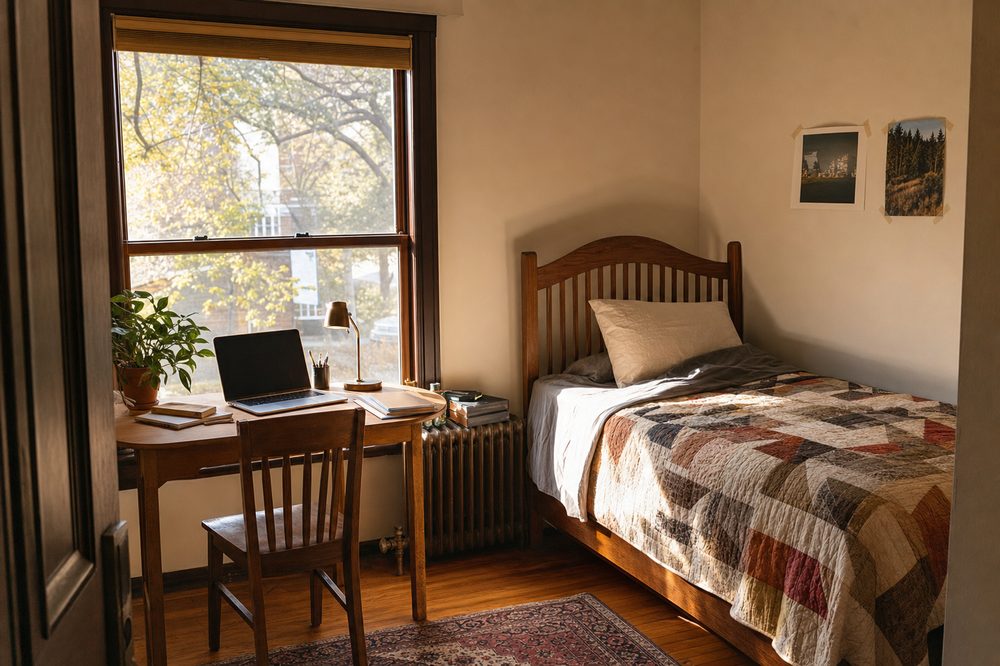 A student bedroom with a wooden desk, laptop and lamp beside a sunlit window, and a made bed with a warm quilt