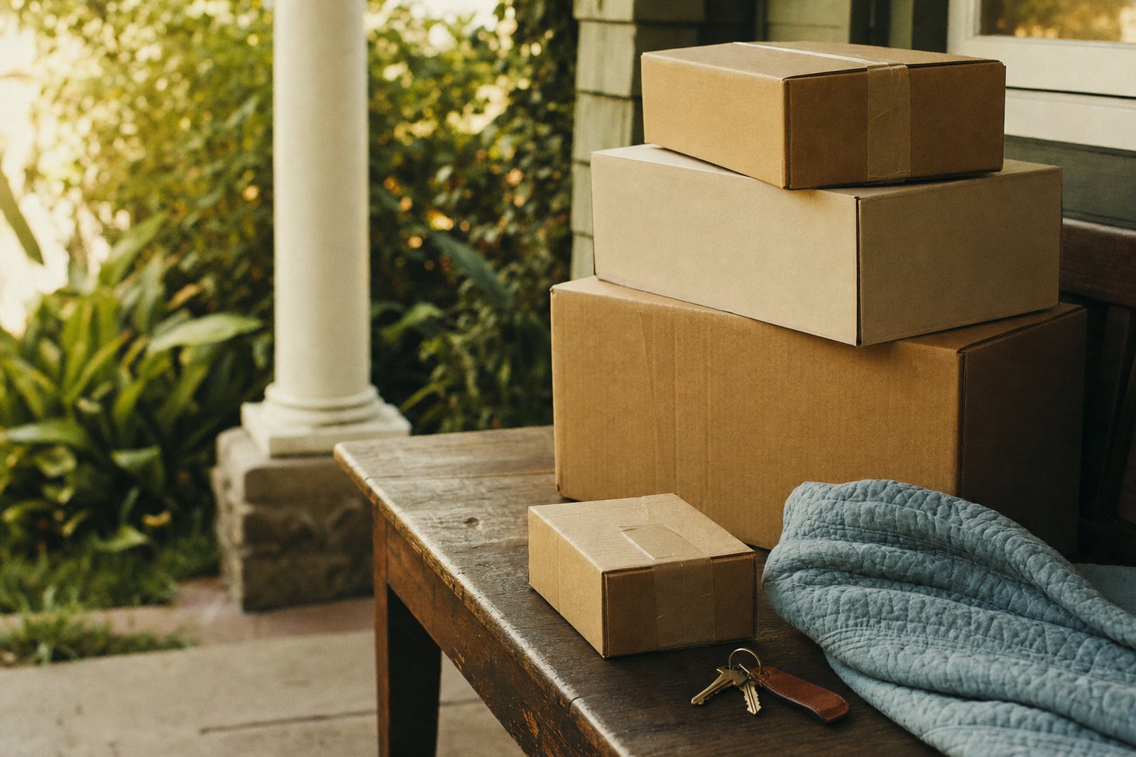 Packages, a folded moving blanket and a set of house keys resting on the wooden porch bench of a craftsman bungalow in late afternoon light