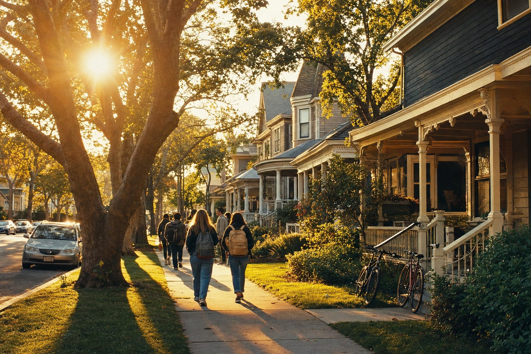 Late afternoon sunlight on a tree-lined street of craftsman and Victorian homes in Old Towne Orange, with students walking on the sidewalk and bicycles leaning near a front porch