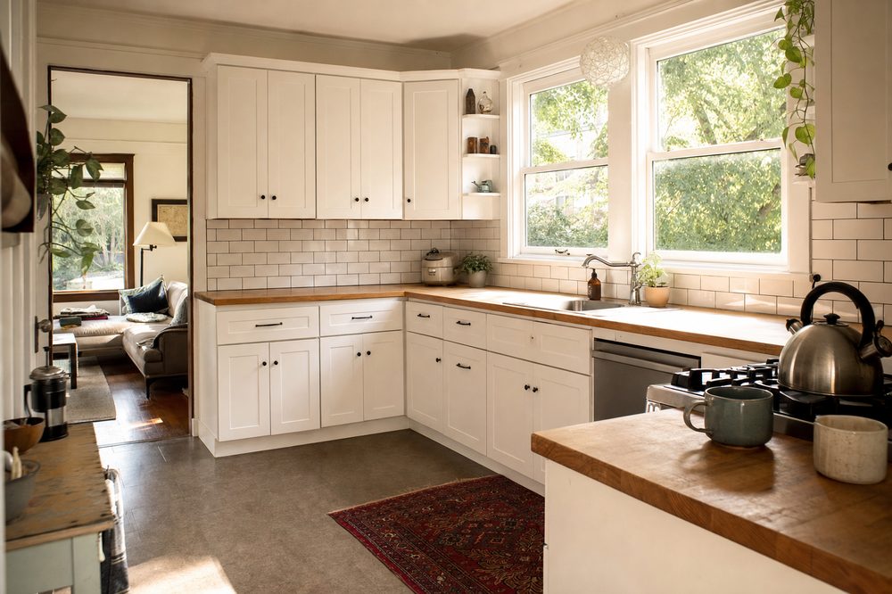 A bright shared kitchen with white cabinets, wood countertops and morning light over the sink