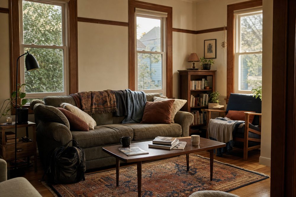 A shared living room with a well-used sofa, throw blankets and a coffee table stacked with books