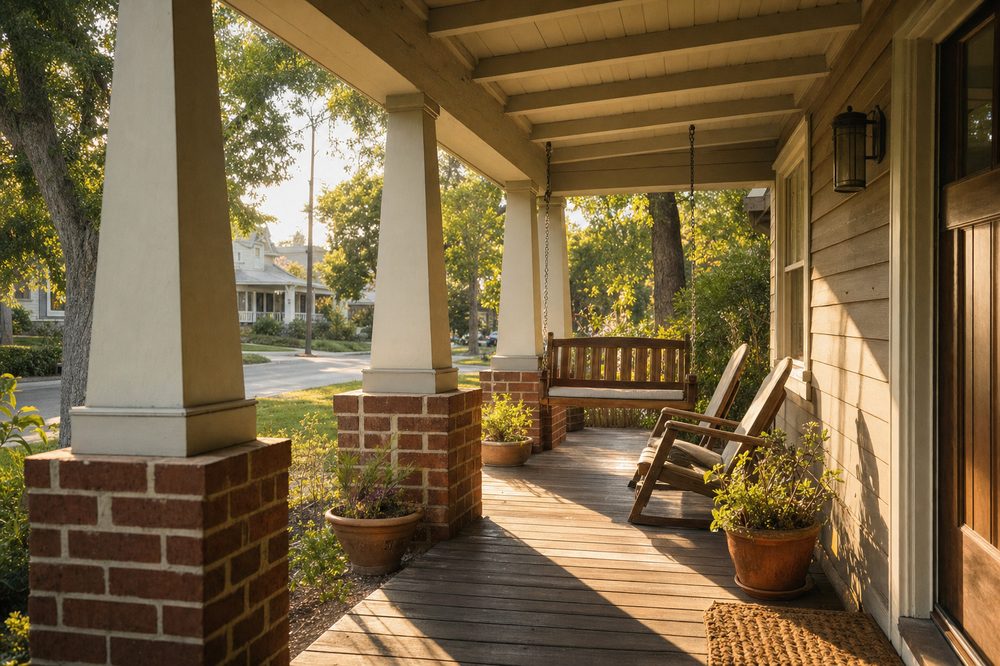 A craftsman bungalow front porch with tapered columns on brick piers, a wooden porch swing and potted plants in late afternoon light